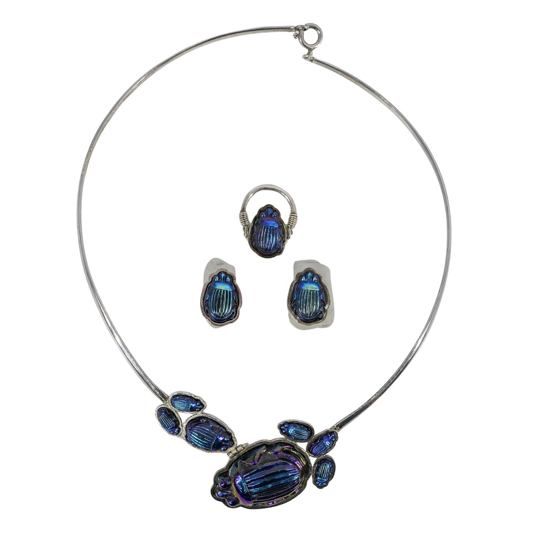 (4Pc) Tiffany & Co. Iridescent Scarab Glass and Sterling Silver Jewelry Suite (1 of 6)