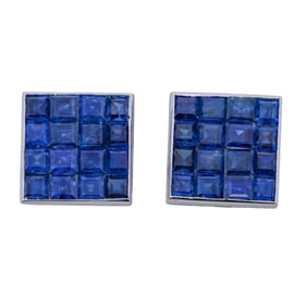 Modernist 18K White Gold & Sapphire Square Stud Earrings