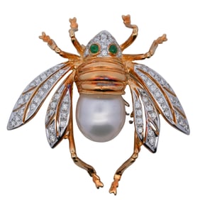 18K Gold, Diamond & Pearl Insect Brooch