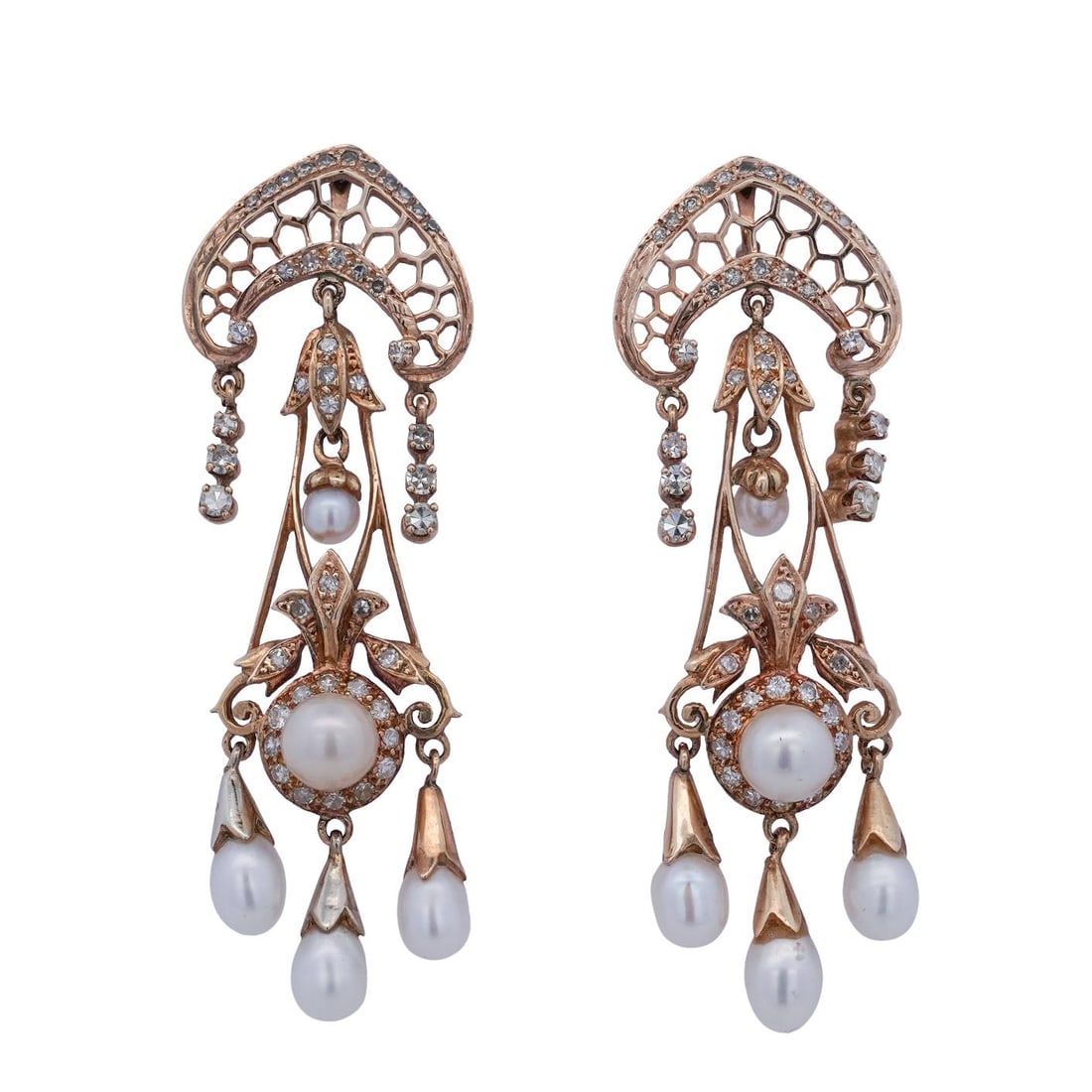Mid-Century 14K Gold, Pearl & Diamond Chandelier Earrings (1 of 4)