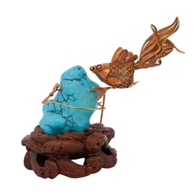 14k Gold Chinese Filigree & Turquoise Koi Fish