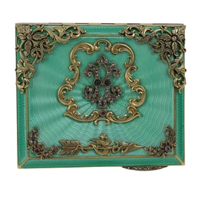 Russian Faberge Guilloche Enamel and Gilt Silver Cigarette Box, Kollin, Erik August