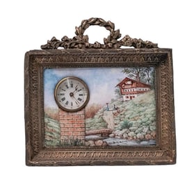 Antique French Bronze and Enamel Desk Clock w/Key