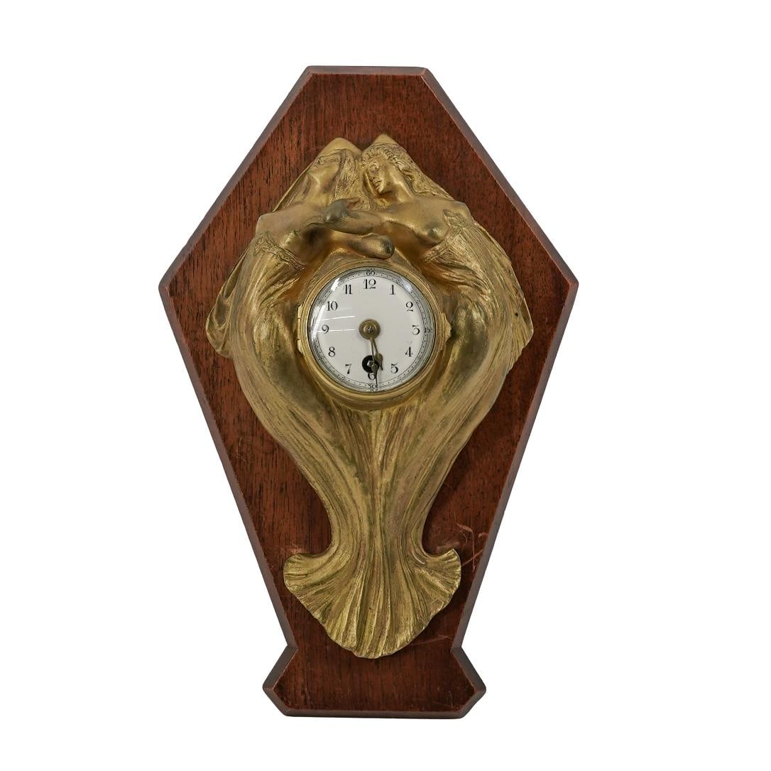 Art Noveau Paul Moreau-Vauthier Bronze Wall Clock: Art Noveau Paul Moreau-Vauthier Bronze Wall ClockLate 19th Cent, FranceArt nouveau gilt bronze clock by Paul Moreau Vauthier depicts two nude maidens, enamel clock, movement marked "3200', back of clo