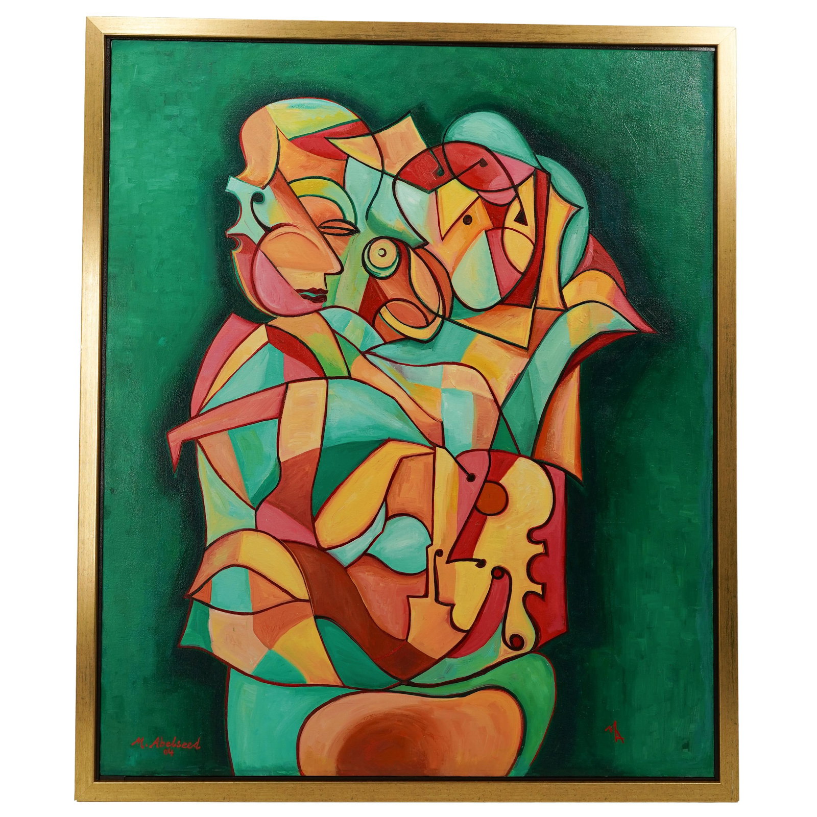 Mustafa Abelseed Oil on Canvas Painting: Mustafa Abelseed Oil on Canvas Painting Mustafa Abelseed Oil on canvas painting depicting a figural abstract image, signed lower: 'M. Abelseed, 04' Mounted in gilt wood frame. Verso signed: 'Artist M.