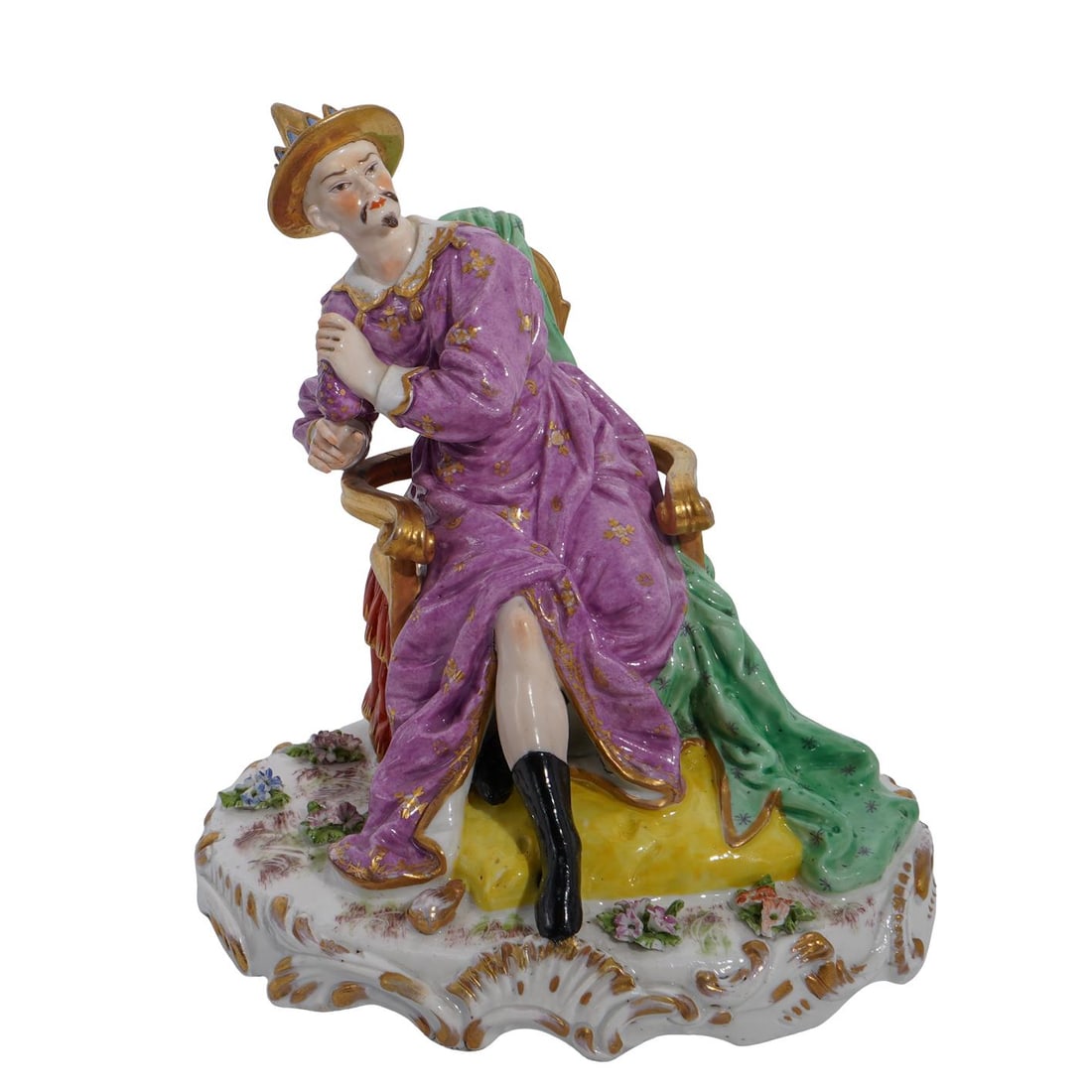 Antique Meissen Porcelain Chinoiserie Figurine: Antique Meissen Porcelain Chinoiserie FigurineLate19th Century, Germany.Antique Meissen porcelain chinoiserie figurine depicting a seated gentleman figure dressed with a long purple robe with gilt acc