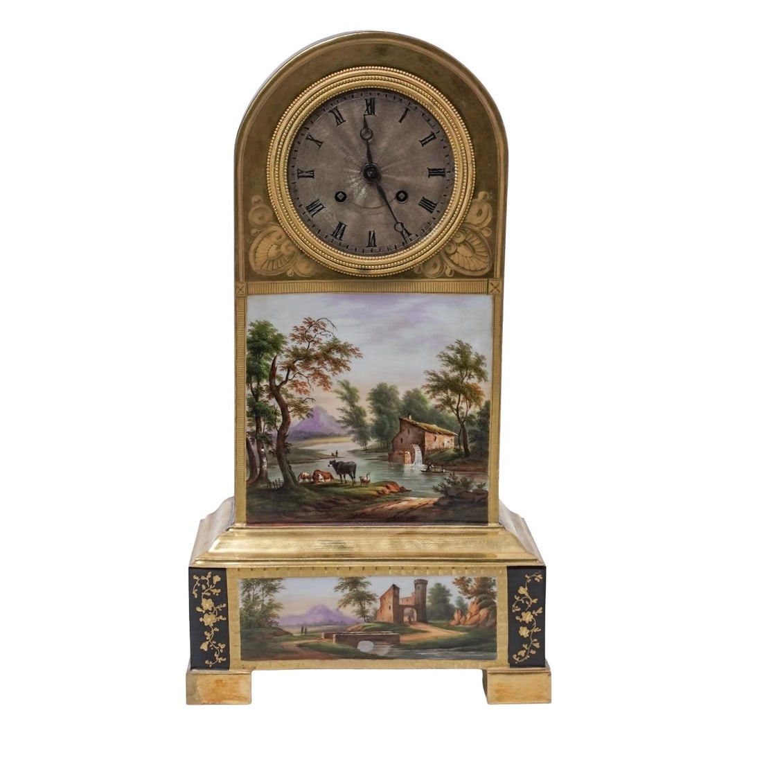 Antique Gilded Illustrated Porcelain Terminal Mantel Clock: Antique Gilded Illustrated Porcelain Terminal Mantel Clock19th century, FrenchAntique porcelain terminal/mantel clock. Hand-painted illustrative pastoral scenes on front and hand-painted floral motifs