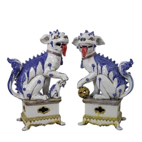 Pair Large Hand Painted Ceramic Foo Dog Garden Sculptures