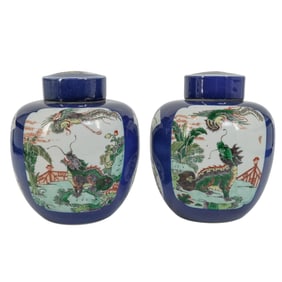 Pair of Antique Chinese Cobalt Blue and Famille Verte Dragon Ginger Jars