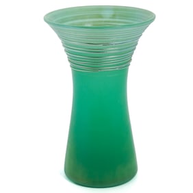 Carder Steuben Iridescent Green Jade Vase W/ Gold Reeding