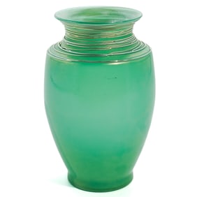 Carder Steuben Iridescent Green Jade Vase W/ Gold Reeding