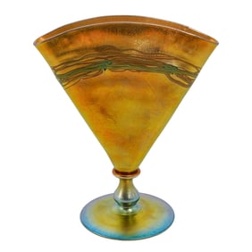 Steuben Glass Gold "Aurene" Fan Vase w/ "Leaf and Vine" Etching