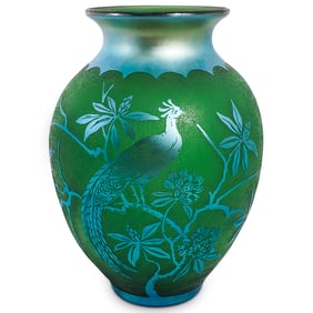 Steuben Peacock-Etched Blue Aurene Cut Back to Pomona Green Lamp Vase