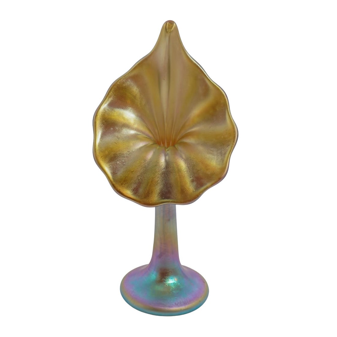 Steuben Glass Gold "Aurene" Iridescent Jack-in-the-Pulpit Vase: Steuben Glass Gold "Aurene" Iridescent Jack-in-the-Pulpit Vase20th century, USASteuben gold "Aurene" jack-in-the-pulpit vase. Marked on base by etching "Aurene 130a".Reference:Shape: 130Form: VasePrim