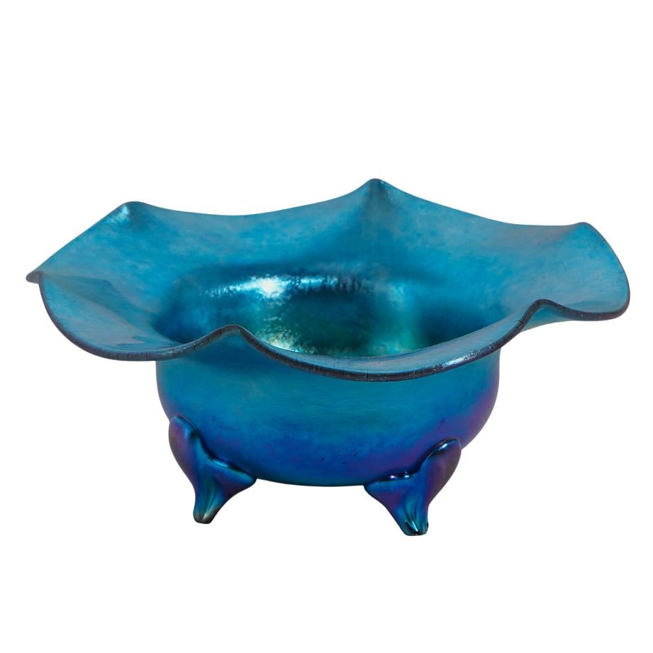 Steuben Blue Aurene Open Salt Cellar: Steuben Blue Aurene Open Salt Cellar20th c., USAIridescent Blue Aurene small footed dish with a ruffled trim. It is marked "aurene 139" on the underside. Shape #139.Provenance: Private Collection Waco