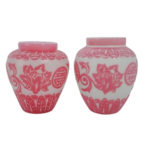 (2 Pc) Steuben Chinese-Etched Rosaline Cut Back to Alabaster Vases