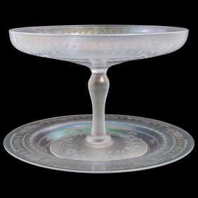 (2 Pc) Steuben "Verre de Soie" Iridescent Glass Compote & Underplate