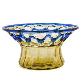 Steuben Transparent Amber Glass Bowl w/ Flemish Blue Lattice