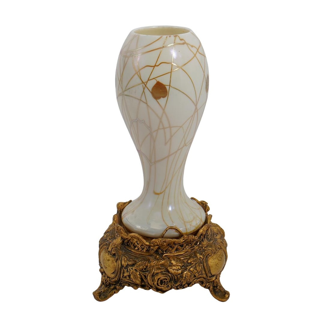 Steuben Glass Calcite and Gold "Aurene" "Leaf & Vine" Vase on Brass Base (1 of 5)
