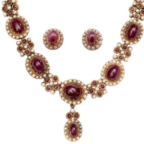 Antique 18K Gold, Pearl, and Ruby Choker Necklace & Earrings Set