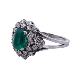 Art Deco 18k White Gold Emerald & Diamond Ring
