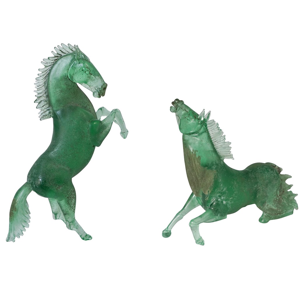 Pair of Large Murano Glass Pino Signoretto Rearing and Kneeling Horse Sculptures (1 of 14)