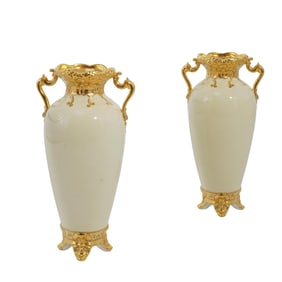 Pair of Royal Crown Derby Gilded Porcelain Urns