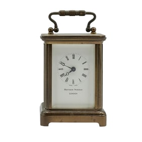 Matthew Norman Carriage Beveled Glass and Brass Clock