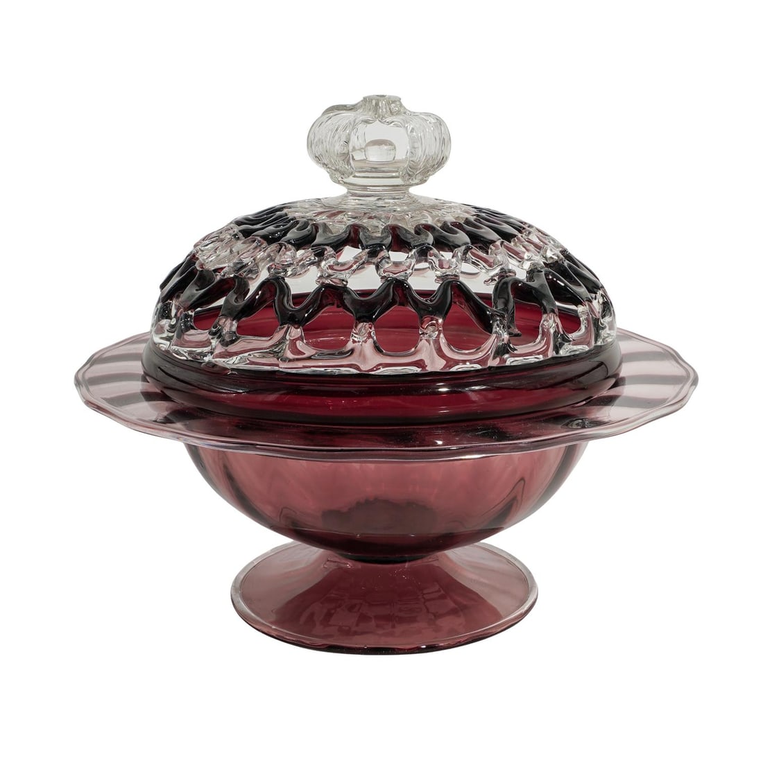 Steuben Glass "Amethyst" Transparent Bowl with Lattice Lid: Steuben Glass "Amethyst" Transparent Bowl with Lattice Lid20th century, USASteuben glass bowl in the "Amethyst" color with a "lattice" open work pattern reticulated lid and a crown-shaped finial.Refer