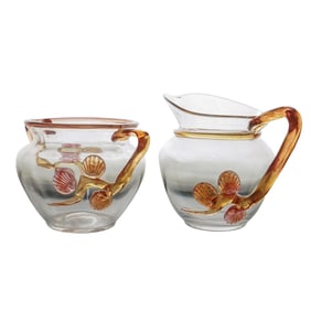 (2 Pc) Steuben Glass Cream & Sugar Set W/ Mat-Su-No-Ke Ornament