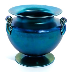 Steuben Glass Blue Aurene Iridescent Handled Vase
