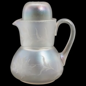 (2 pcs) Steuben Glass Iridescent "Aqua Marine" Engraved Tumble-Up