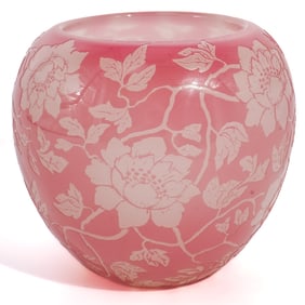 Steuben Glass Floral Acid Etched Rosaline and Alabaster Vase