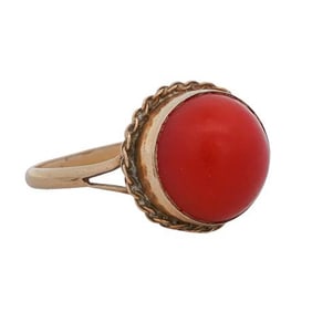 Etruscan Style 18k Gold and Coral Ring