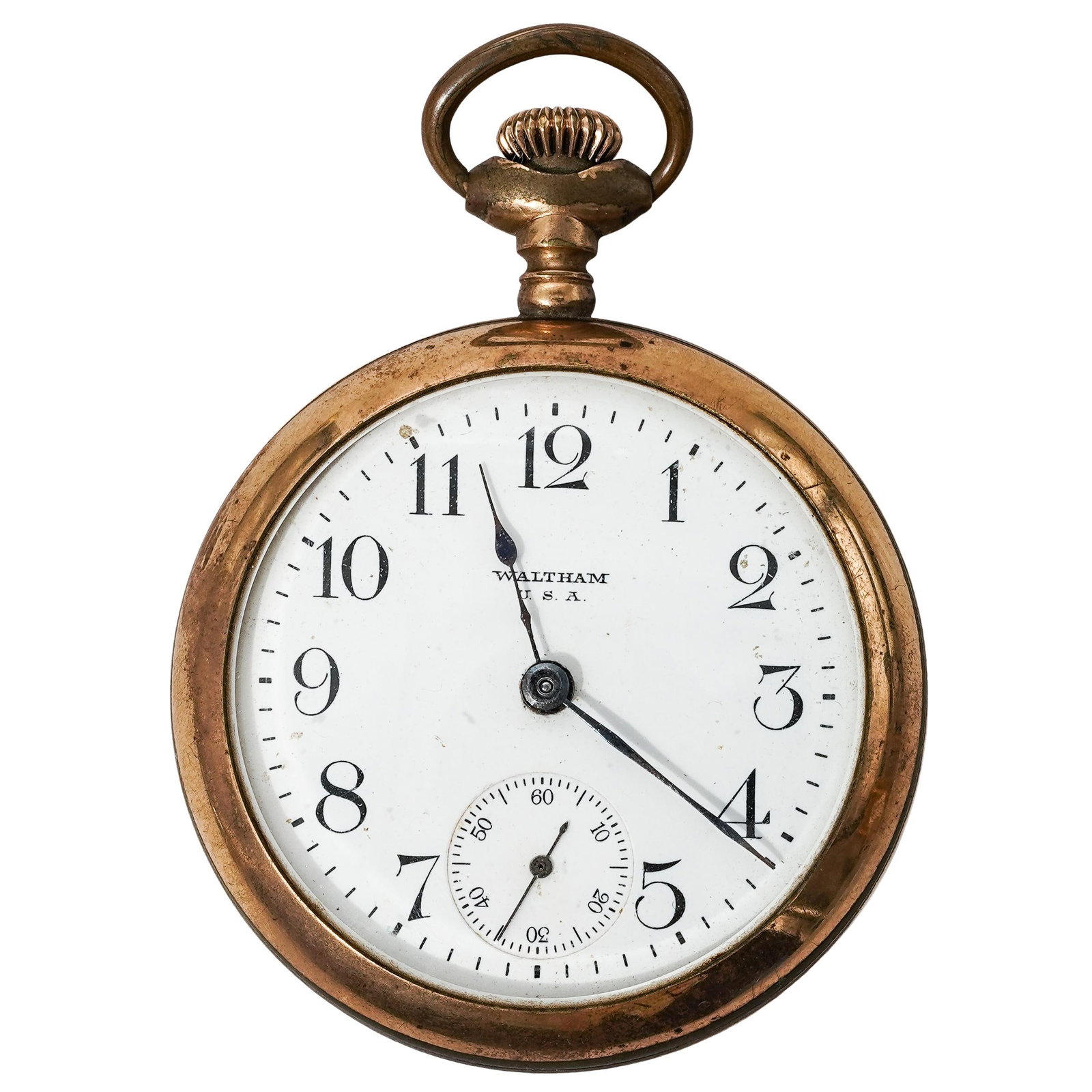 Antique Waltham Gold Filled Pocket Watch: Antique Waltham Gold Filled Pocket Watch USA Antique Waltham gold filled pocket watch with white enameled face, Arabic numbering, and two blued steel hands, features a lower time reserve complication.