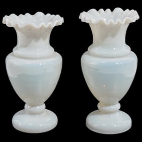 (2 pcs) Art Glass Ruffled Opaline Vases