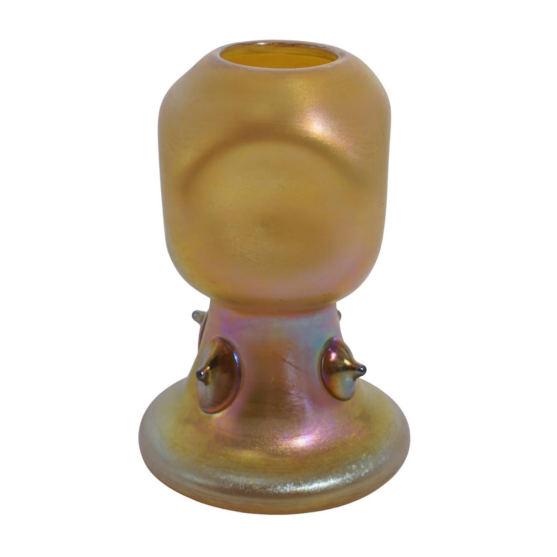 Steuben Glass Gold "Aurene" Studded Iridescent Vase: Steuben Glass Gold "Aurene" Studded Iridescent Vase20th century, USASteuben glass gold "Aurene" iridescent vase with pinched and studded detail. Marked on base by etching "Aurene 150".Reference:Shape: