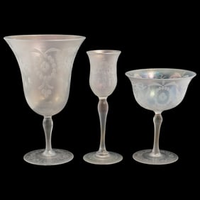 (3 pcs) Hawkes-Steuben "Verre de Soie" Floral Etched Iridescent Glassware
