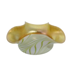 Rare Steuben Gold Aurene Over Ivrene With Green Swirl Bonbon Dish