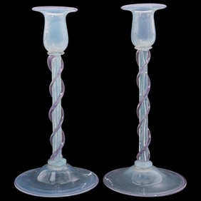 Pair of Steuben Iridescent and Lilac Purple Glass Spiral Candlesticks