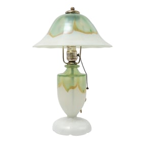 Steuben Opaline Glass Lamp W/ Green/Gold Pulled Feather