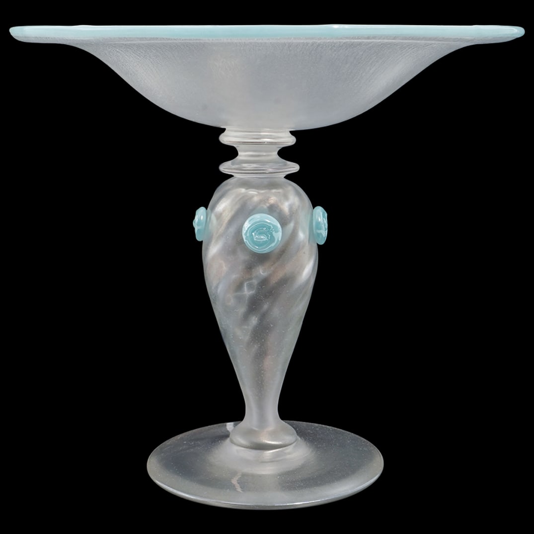 Steuben Glass Iridescent "Verre De Soie" Compote W/ Green RIm (1 of 7)