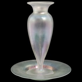 Signed "F. Carder" Steuben "Verre de Soie" Iridescent Vase and Underplate
