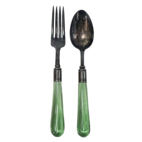 Antique Whimsy Silverplate Green Art Glass-Handled Fork & Spoon