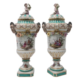 Pair of KPM Porcelain Hand Painted Urn Vases