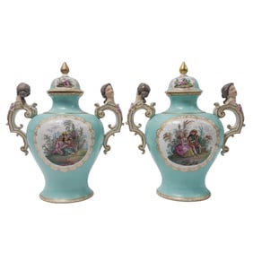 Pair of KPM Porcelain Courting Figures Lidded Vases