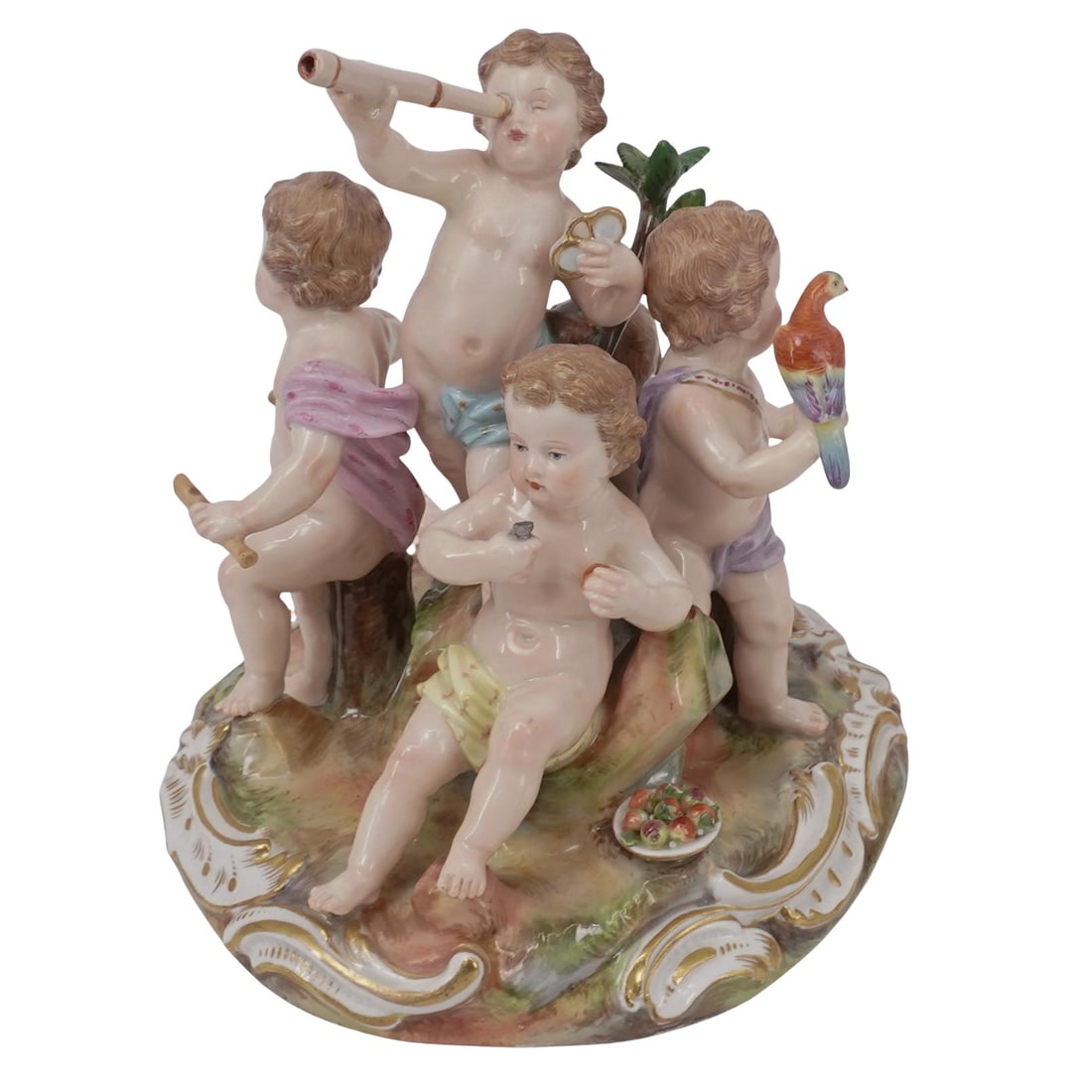 Antique Meissen Allegorical Porcelain Group: Antique Meissen Allegorical Porcelain Group Late 19th to Early 20th cent, Germany A finely modeled and hand-painted Meissen porcelain group depicting four playful putti musicians seated on a naturalis