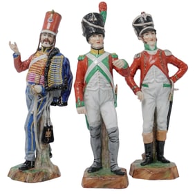 3pc Napoleonic war era Hussar and 2 Guards Soldiers Porcelain figurines