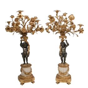 Pair of Antique French Bronze Putti with Gilded Floral Spray Candelabras