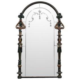 Antique Cast Iron Art Nouveau Style Etched Arched Mirror